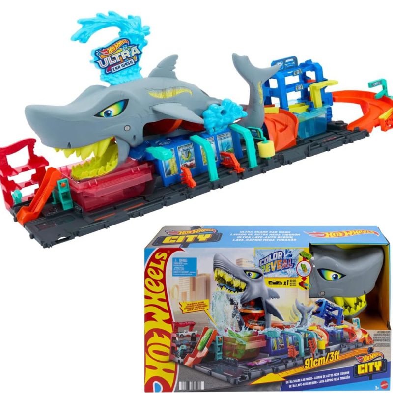 Великий трек Хот Вілс Супер акула змінний колір Автомийка Атака акули Hot Wheels Shark Car Wash HTN82